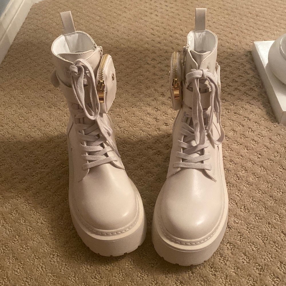 Cream Chunky Lace up boots